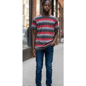 POINT ZERO Gray and Red Striped Short Sleeved Top Boys XL Size 14-16